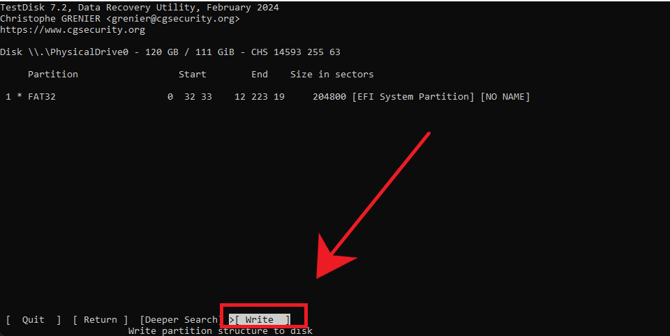 كتابة القسم في TestDisk