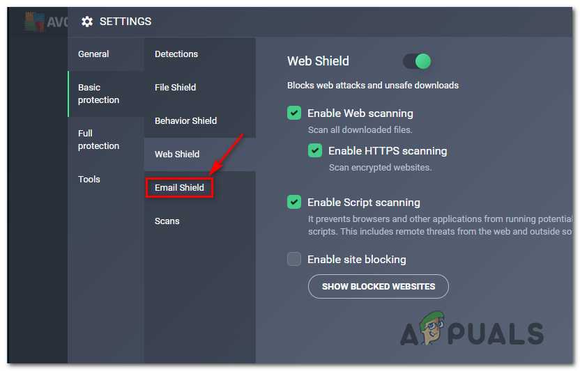 لقطة شاشة تظهر خيار Email Shield في AVG