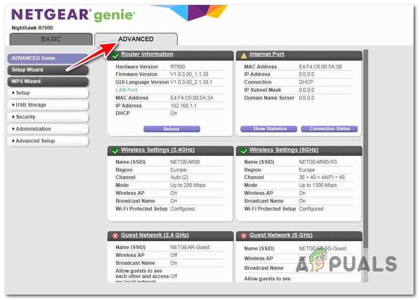 الوصول إلى علامة التبويب Advanced في راوتر NetGear