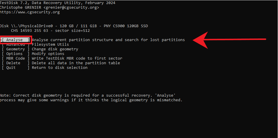 تحليل القرص في TestDisk