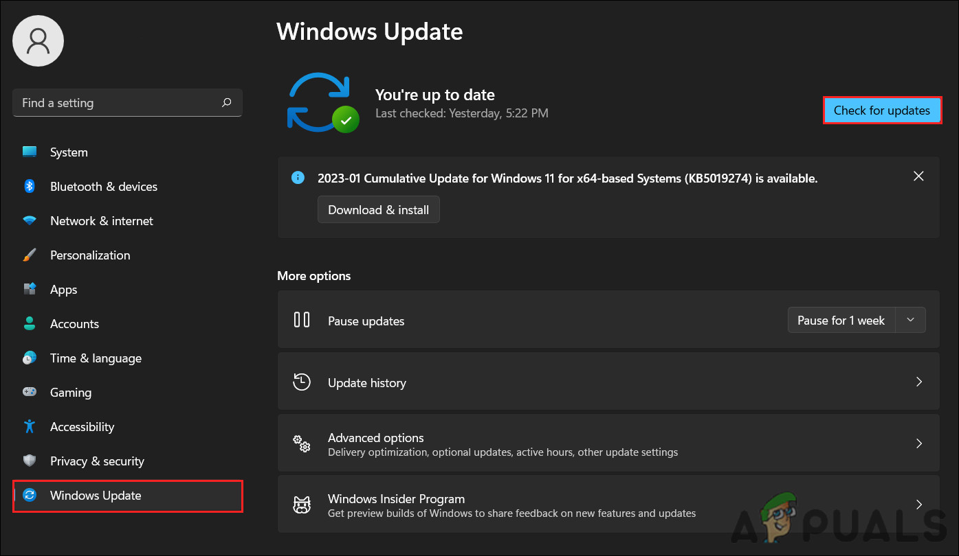 انقر على زر التحقق من وجود تحديثات