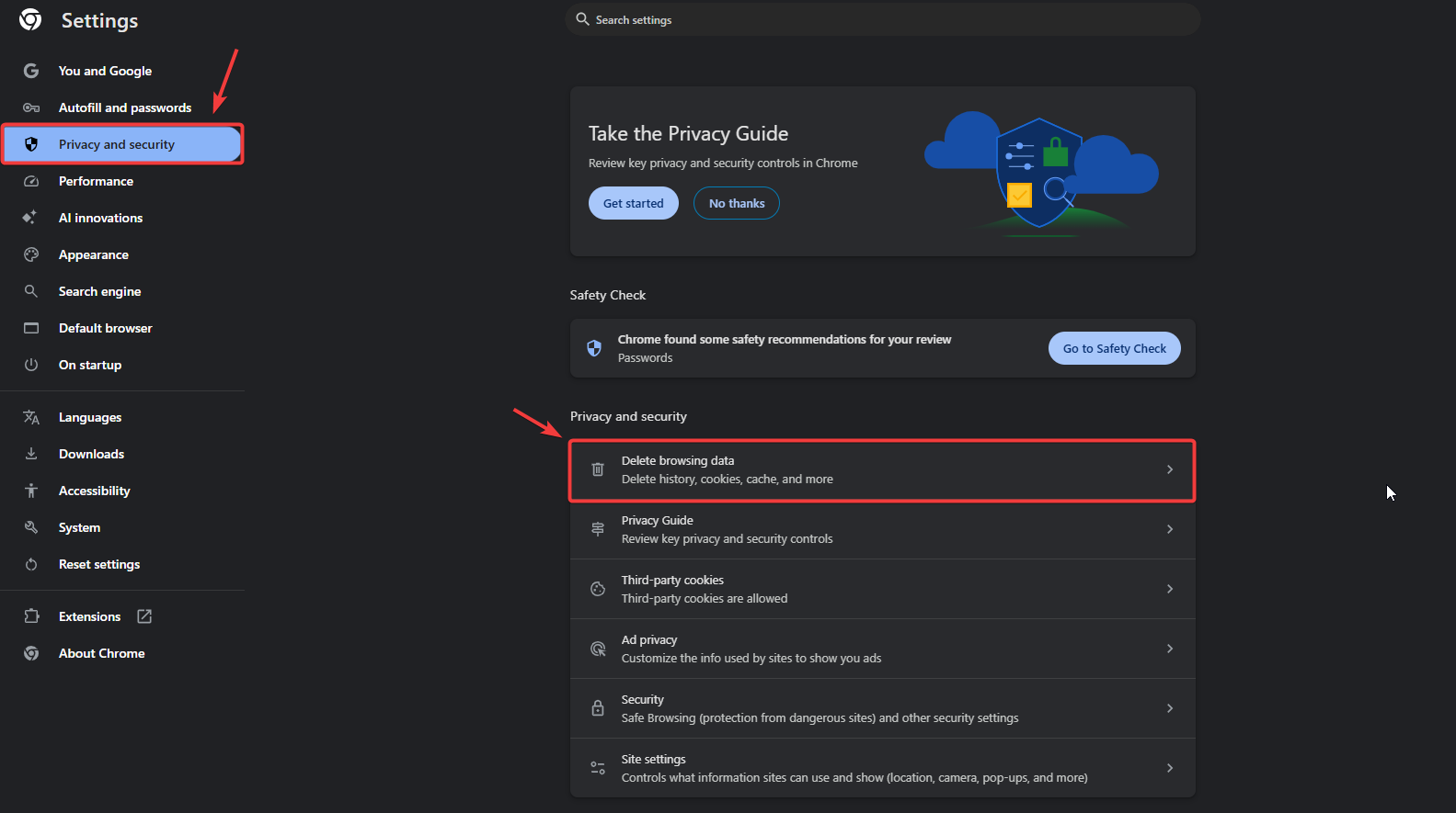 خيار مسح بيانات التصفح