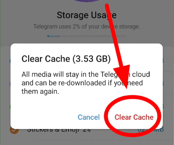 نافذة تأكيد مسح ذاكرة التخزين المؤقت في Telegram