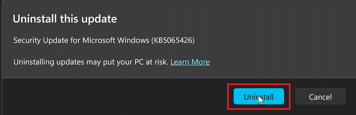 تأكيد إلغاء تثبيت التحديث