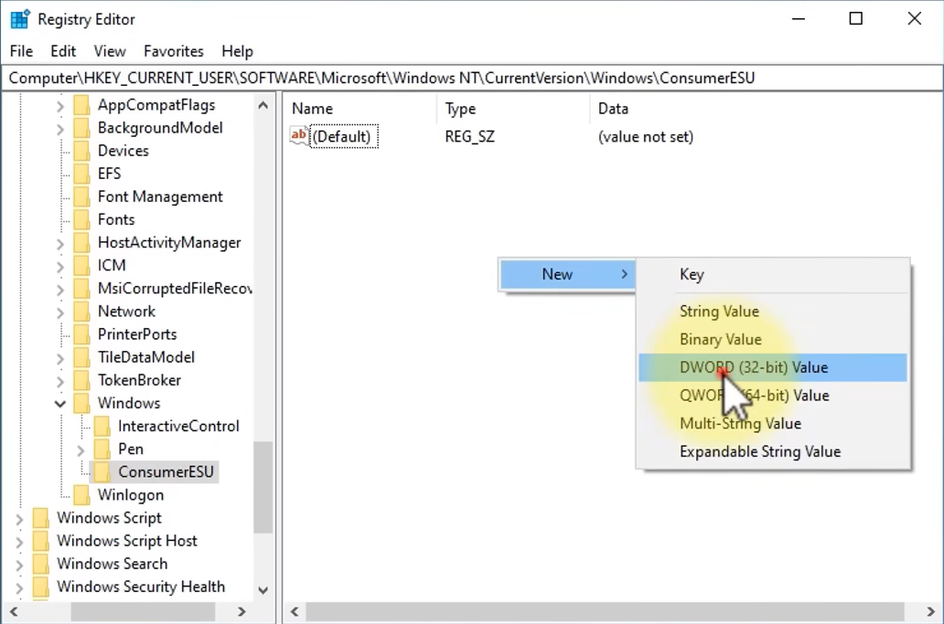 إنشاء DWORD جديد في محرر السجل