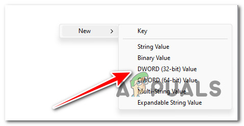 إنشاء قيمة DWORD جديدة