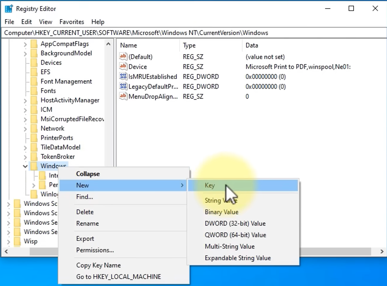 إنشاء مفتاح جديد في محرر السجل