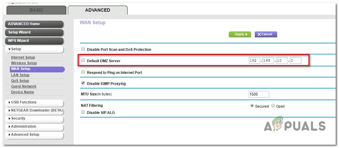 الوصول إلى خادم DMZ الافتراضي