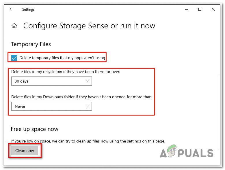 click on "Clean now" to initiate the process of freeing up disk space