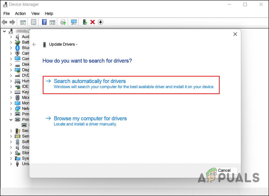 دع Device Manager يبحث عن برامج تشغيل محدثة