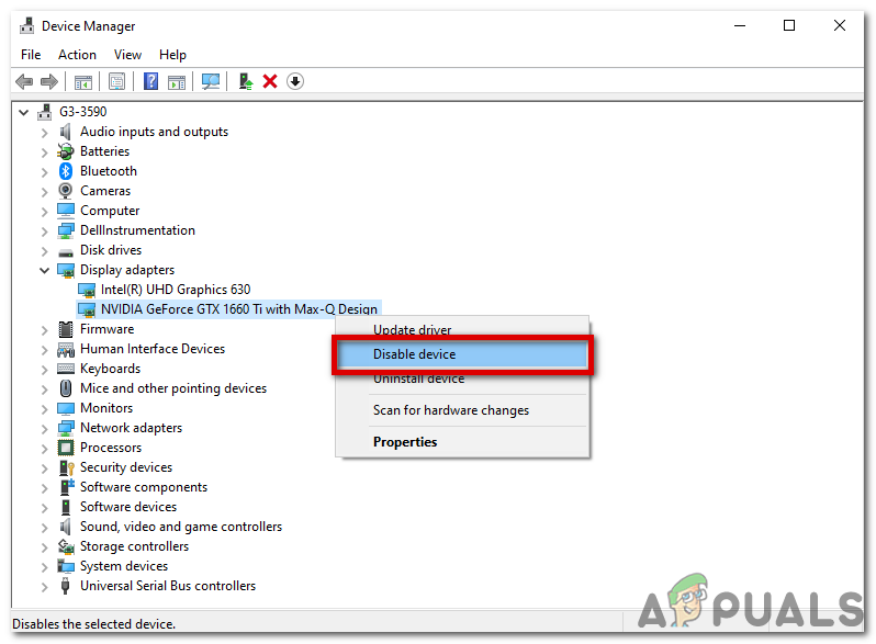 حدد تعطيل الجهاز
