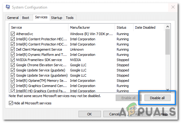انقر على الزر “تعطيل الكل” لتعطيل جميع الخدمات غير التابعة لـ Microsoft