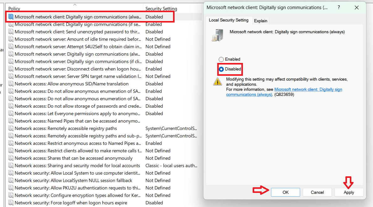 تعطيل عميل شبكة Microsoft: توقيع الاتصالات رقميًا (دائمًا)