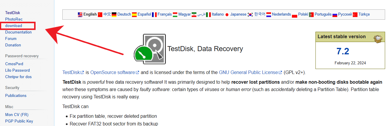 قسم تنزيل TestDisk
