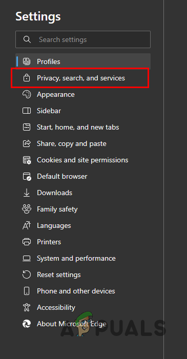 الانتقال إلى علامة تبويب الخصوصية والبحث والخدمات