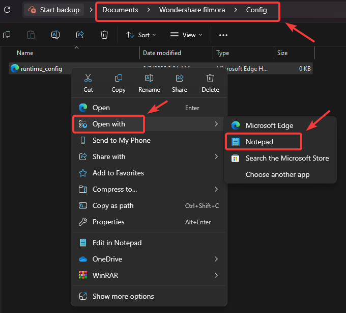 قائمة السياق لملف runtime_config.xml مع خيار الفتح باستخدام المفكرة