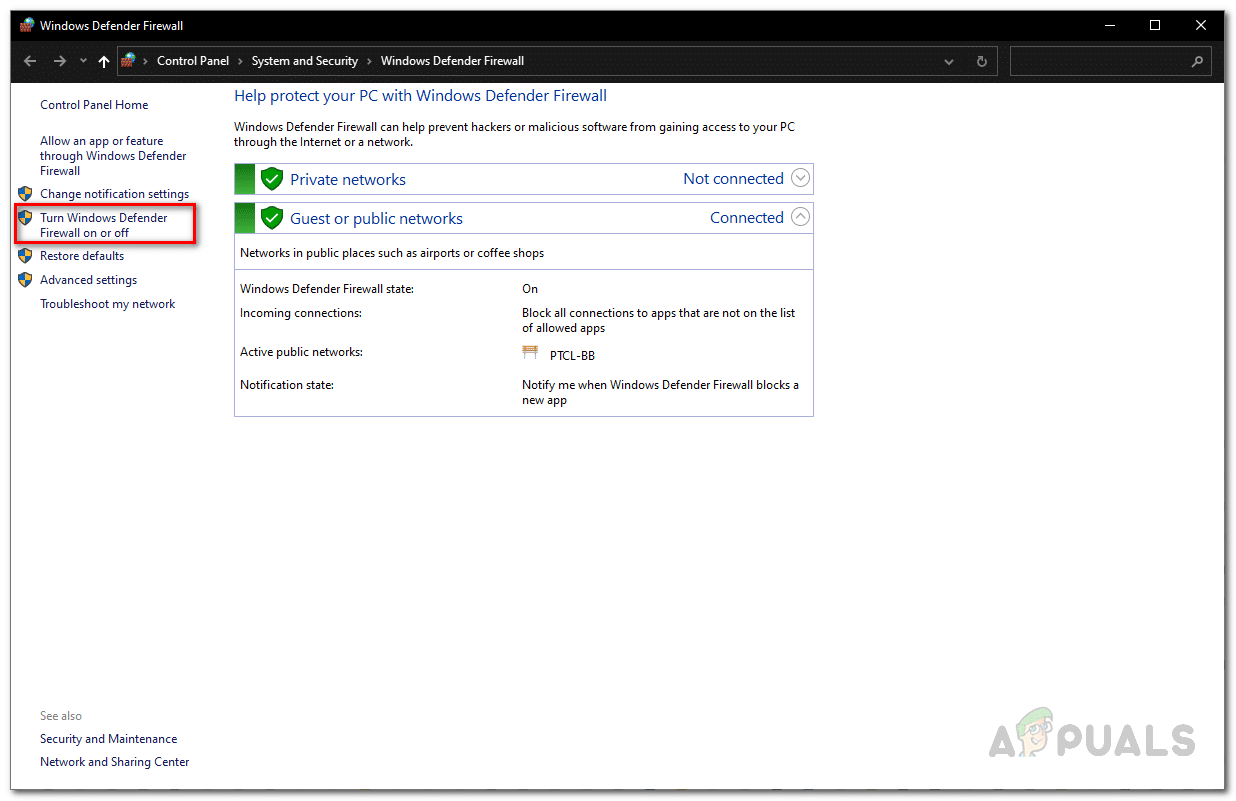 الانتقال إلى صفحة إيقاف تشغيل جدار الحماية