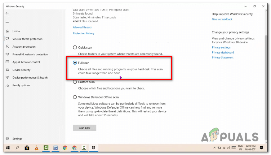 حدد "فحص كامل." انقر على "الفحص الآن" لبدء عملية الفحص