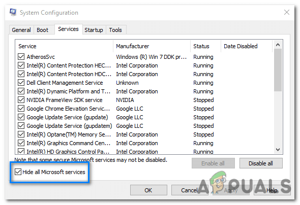ضع علامة في المربع بجوار “إخفاء كافة خدمات Microsoft” لاستبعاد خدمات Microsoft من القائمة