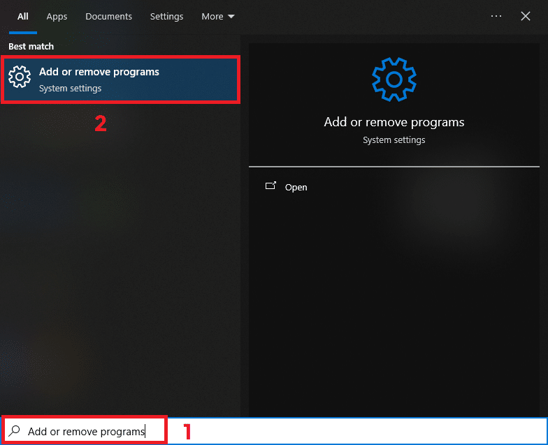 فتح إضافة أو إزالة البرامج في Windows