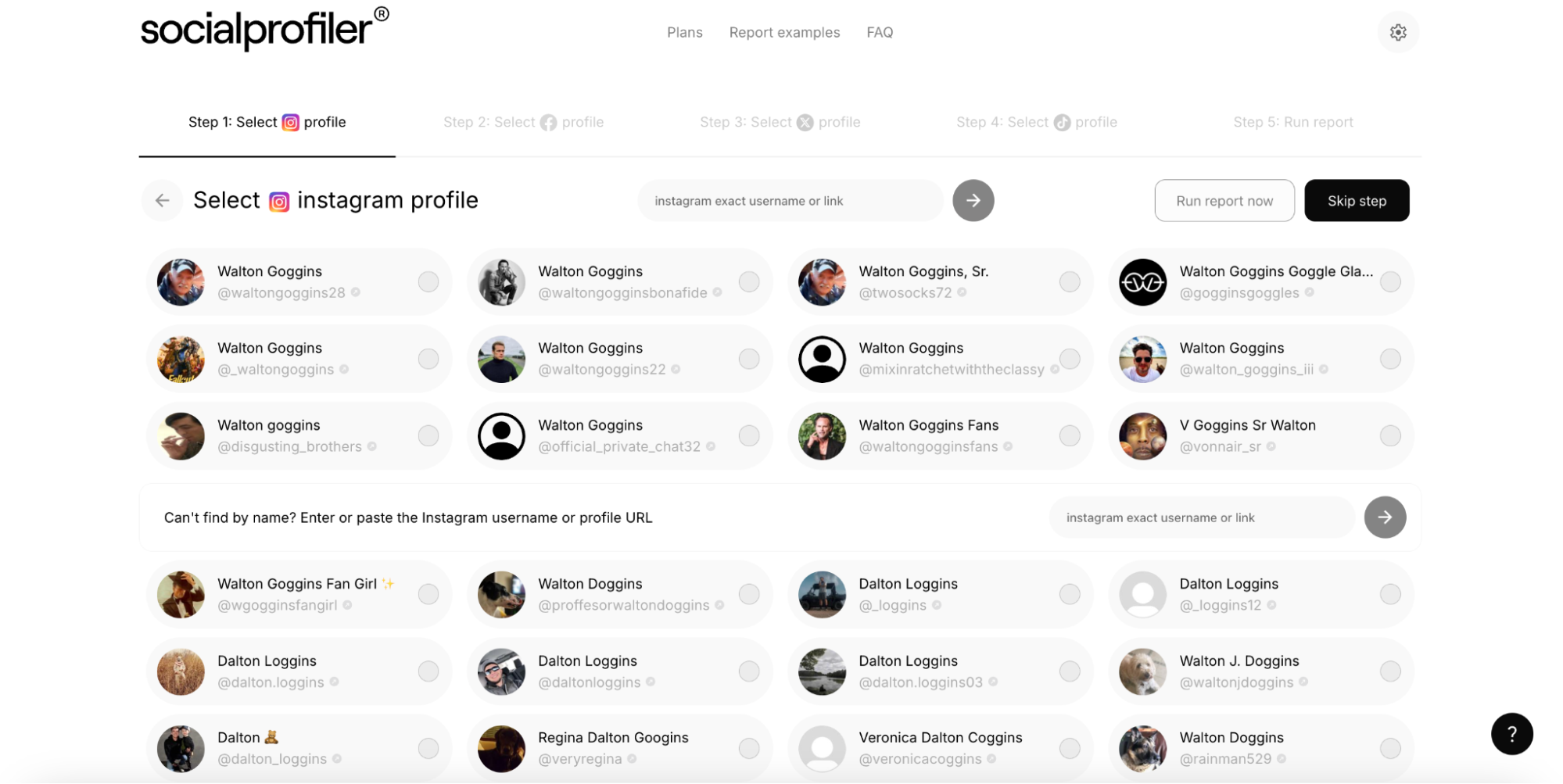 لقطة شاشة تُظهر Socialprofiler وهو يقيم ملفات تعريف وسائل التواصل الاجتماعي لعبارة البحث "Walton Goggins".