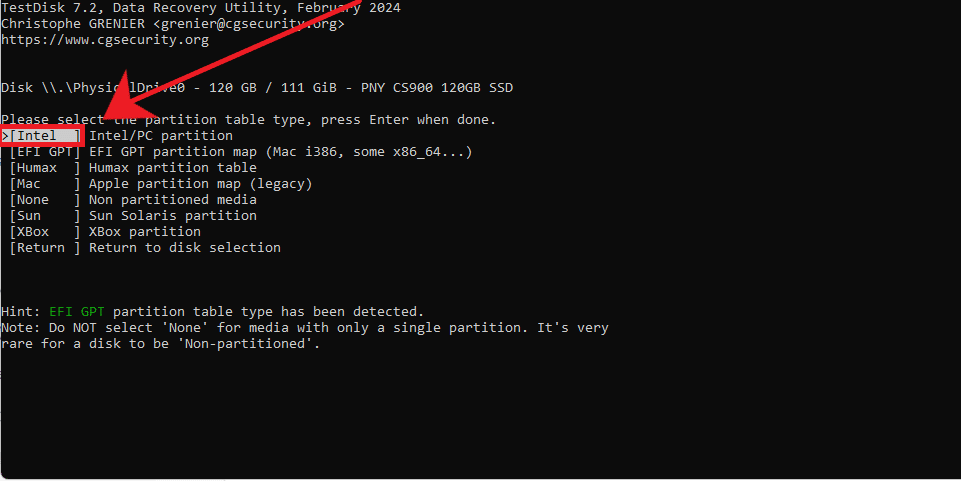 اختر جدول تقسيم Intel