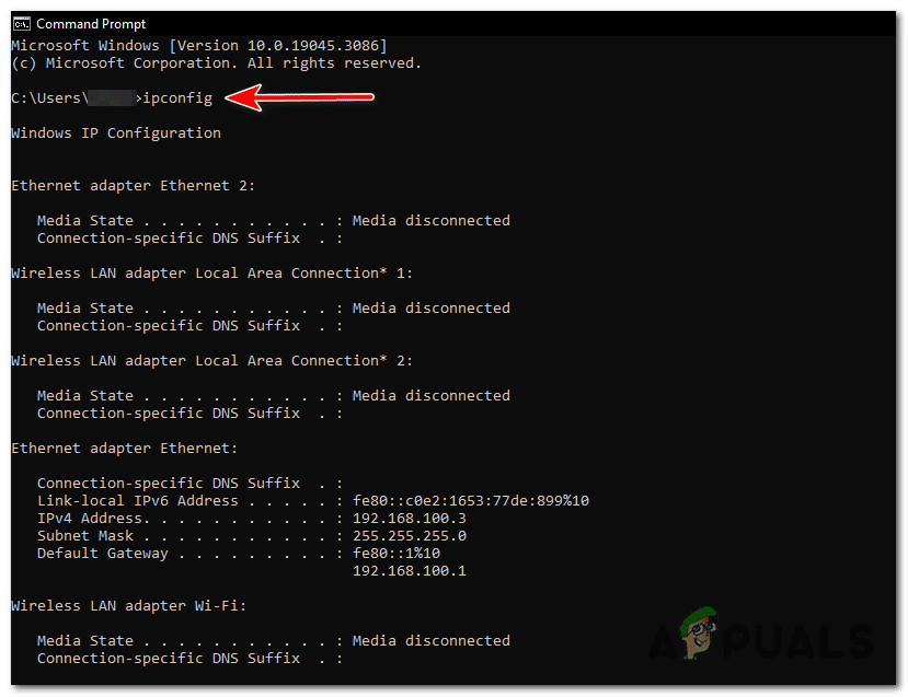 اكتب "ipconfig" واضغط Enter لتنفيذ الأمر.