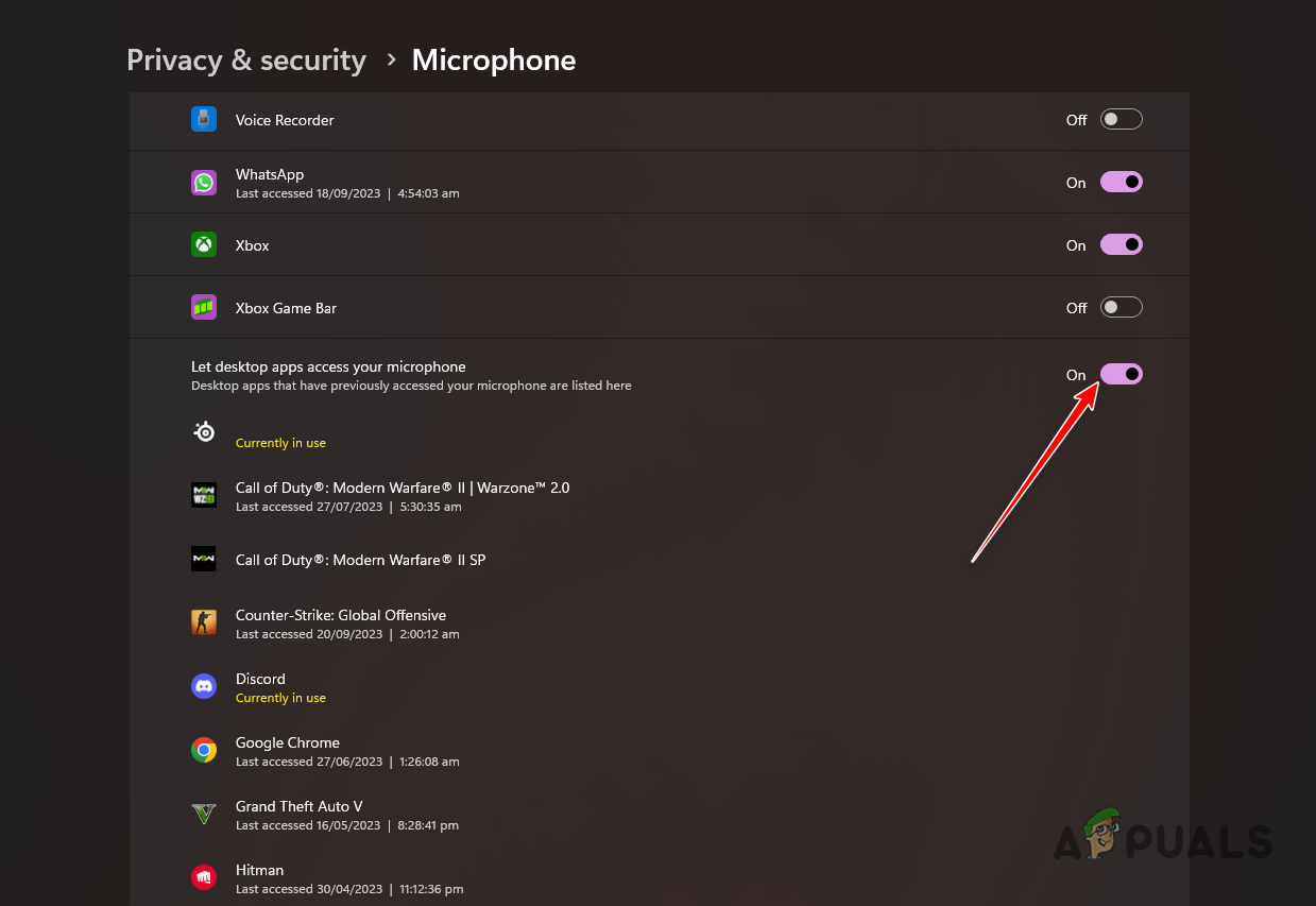 السماح لتطبيقات سطح المكتب بالوصول إلى الميكروفون
