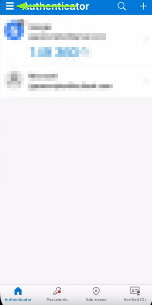 شريط القائمة في Authenticator