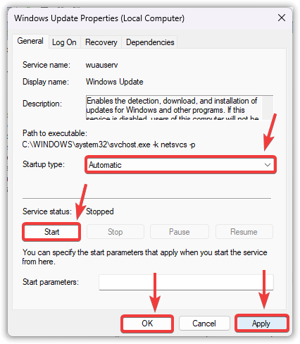 تطبيق وحفظ إعدادات الخدمة