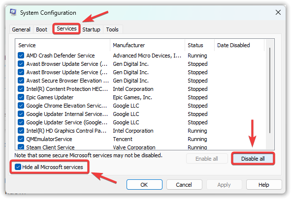 تعطيل جميع الخدمات غير التابعة لـ Microsoft في msconfig