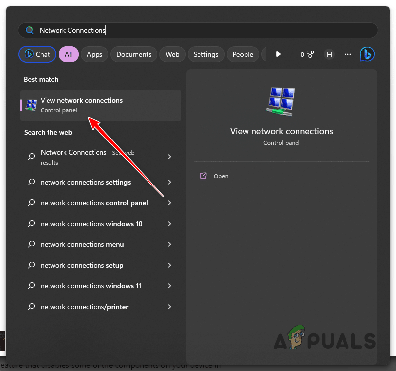 فتح نافذة اتصالات الشبكة