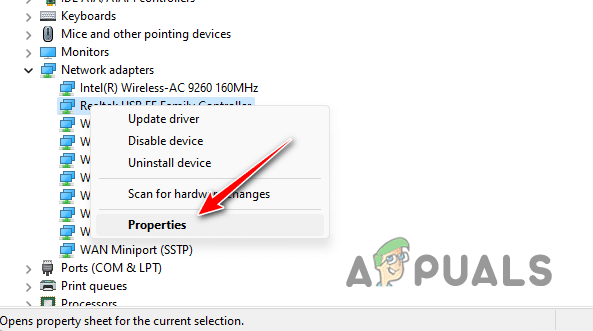 الانتقال إلى خصائص برنامج تشغيل الشبكة