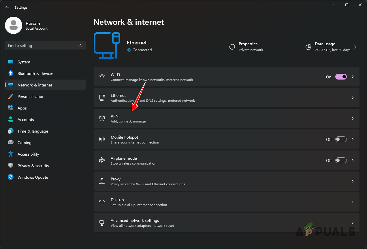 التنقل إلى إعدادات VPN