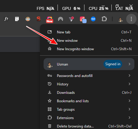 لقطة شاشة لنافذة التصفح المتخفي