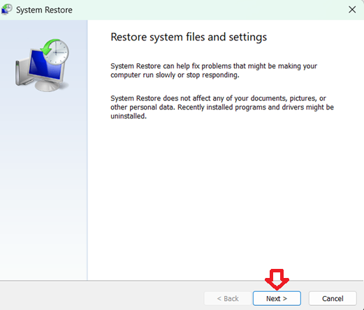التالي في نافذة استعادة النظام