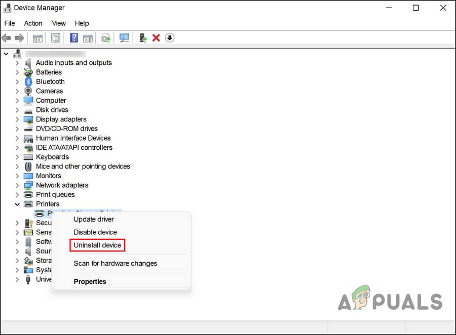 اختر خيار إلغاء تثبيت الجهاز (Uninstall device)