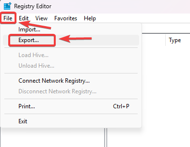 محرر السجل يظهر قائمة ملف مع خيار التصدير