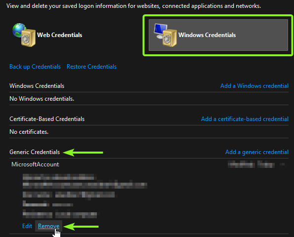 لقطة شاشة لإزالة بيانات الاعتماد