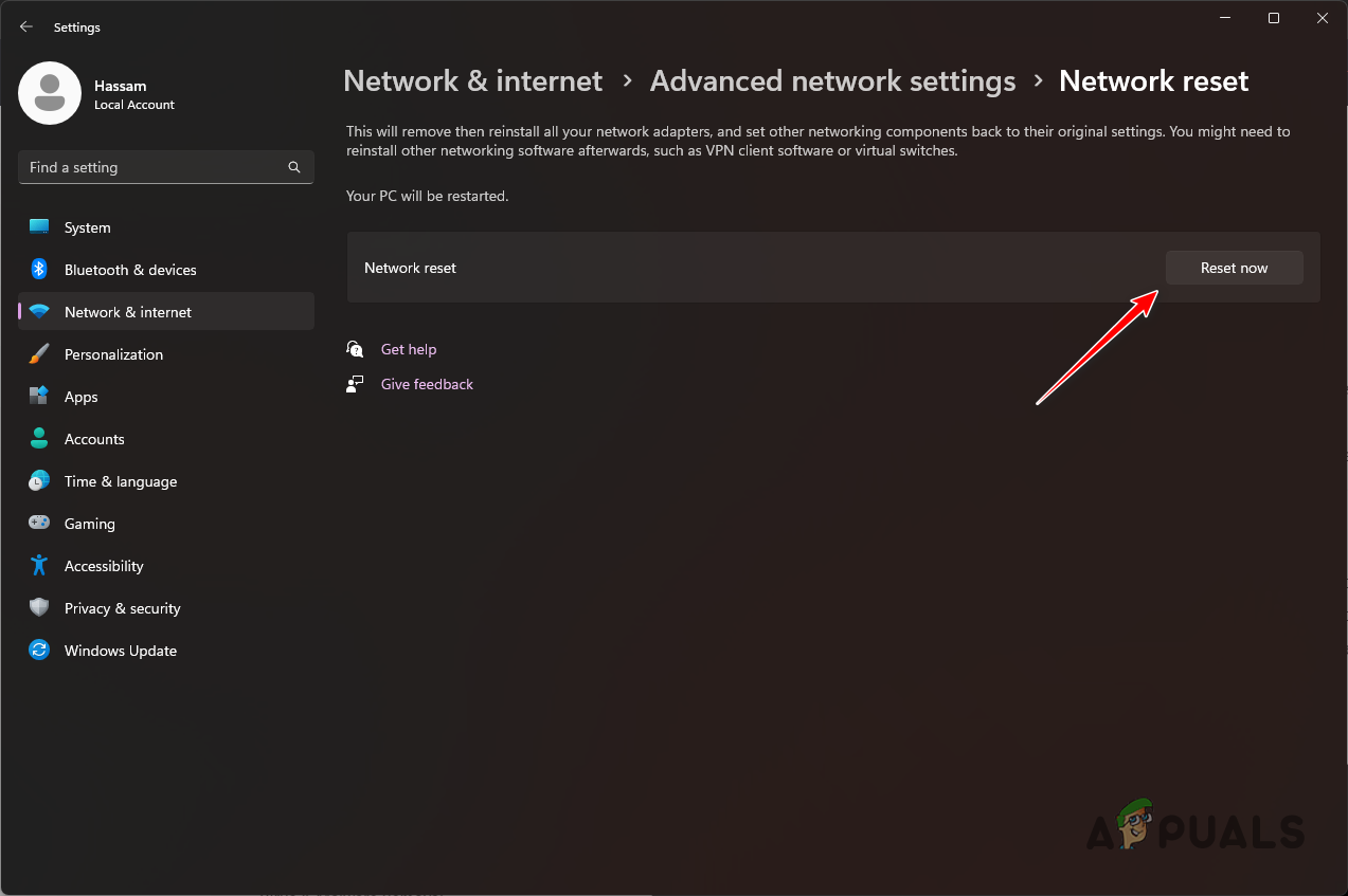 إعادة تعيين إعدادات الشبكة
