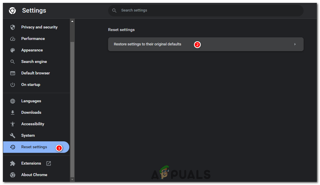 في تبويب "إعادة ضبط الإعدادات"، انقر على "استعادة الإعدادات إلى إعداداتها الافتراضية الأصلية".