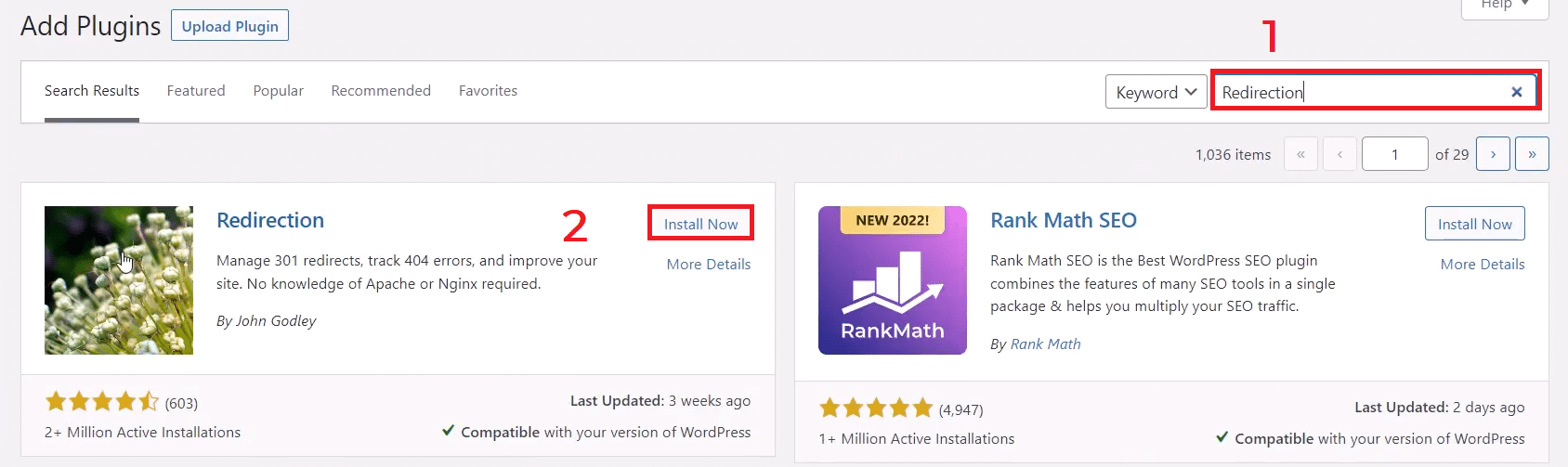البحث عن إضافة Redirection في WordPress