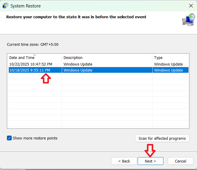 حدد نقطة الاستعادة وانقر على التالي