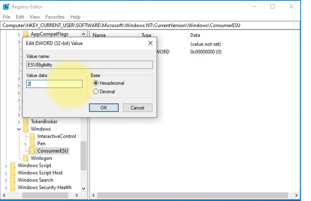 ضبط ESUEligibility على 2