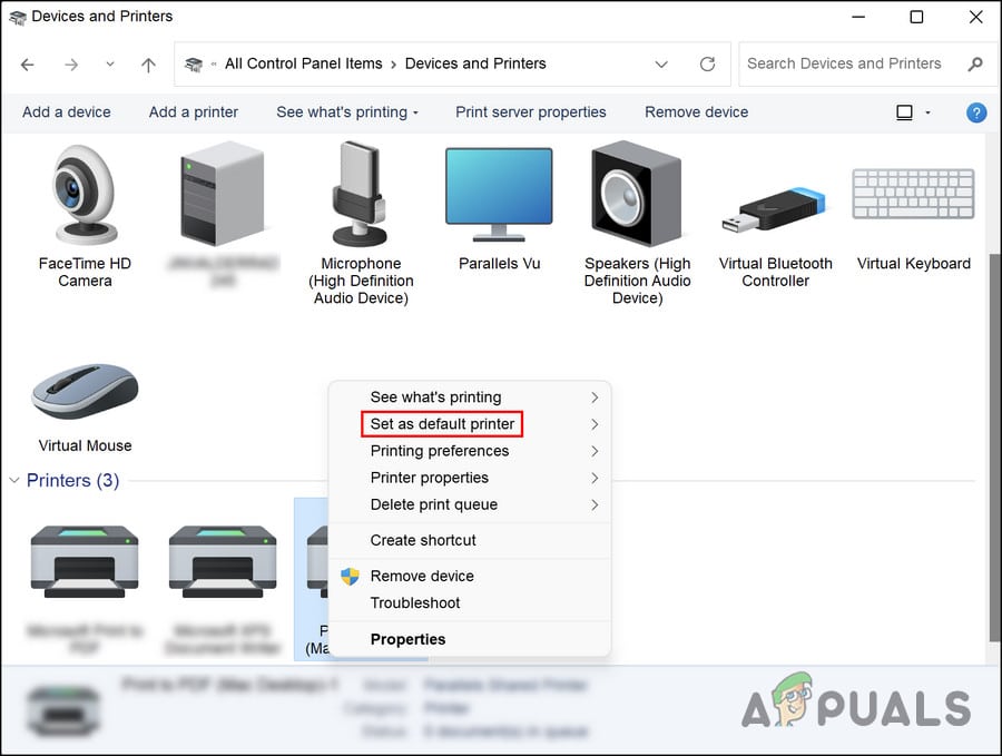 انقر على زر تعيين كطابعة افتراضية (Set as default printer)