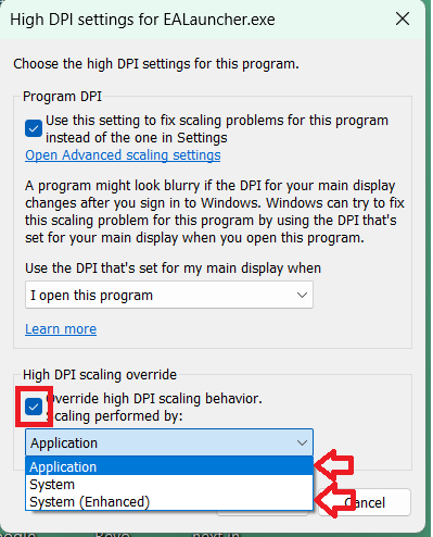 تعيين تجاوز تحجيم DPI العالي إلى التطبيق أو النظام (المحسّن)