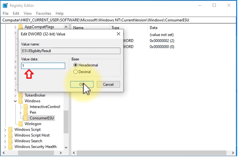 ضبط ESUEligibilityResult على 1