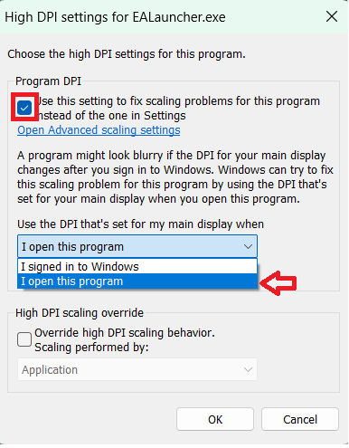 تعيين استخدام DPI المحدد للشاشة الرئيسية عند فتح هذا البرنامج
