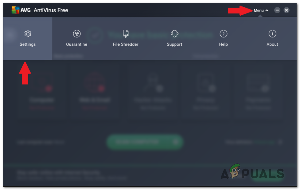 لقطة شاشة تظهر قائمة الإعدادات في AVG