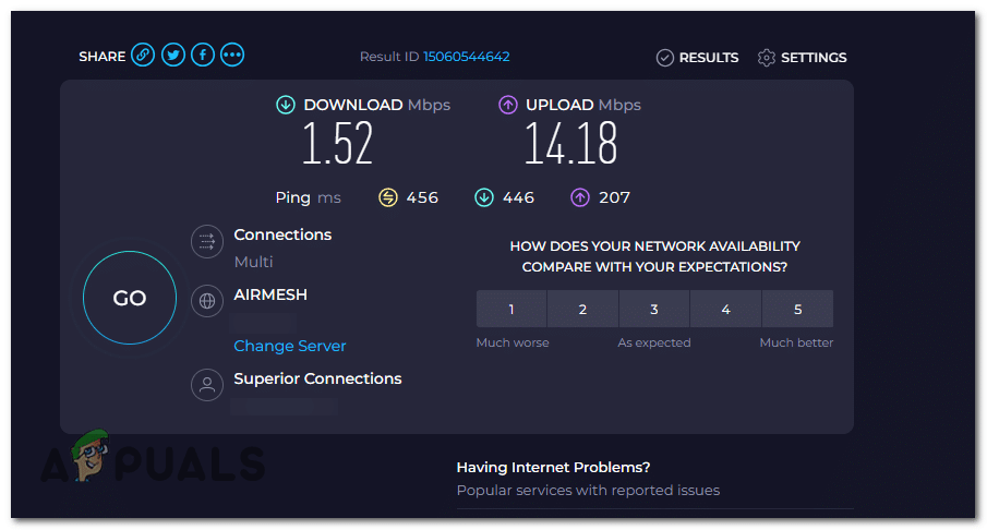 ليست نتيجة اختبار سرعة عادية، الاتصال غير مستقر للغاية وفقًا للنتيجة.